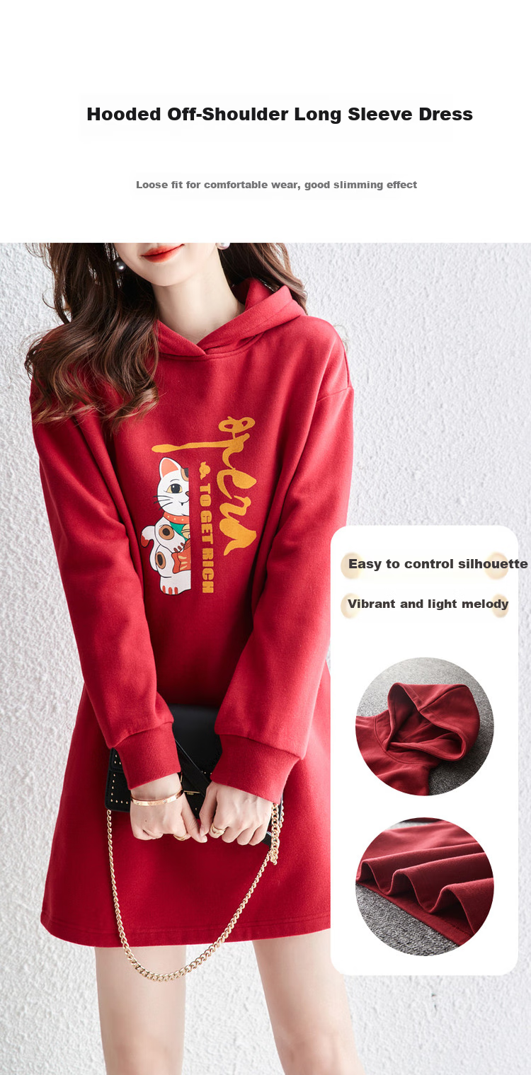 Dme Hoodie Dress for Women, Spring And Autumn Season, Red Hooded Straight Long-Sleeve Loose Sweatshirt Elegant Dress, China Red, S 2