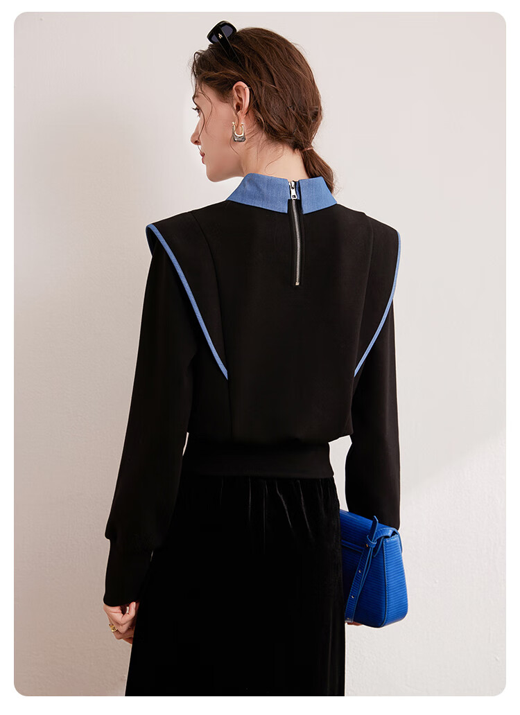 Bailuyu Colorblock Spliced Fake Two-Piece Pullover Sweatshirt Autumn New Fashion Small Flying Sleeve Patch Top Women Black L 7