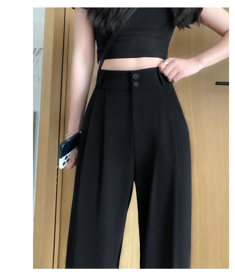 LangSha Black Women's Suit Pants, 2025 New Style, Office Commute, High-End Feel, Straight-Leg Slimming Thin High-Waist Wide-Leg Trousers 16