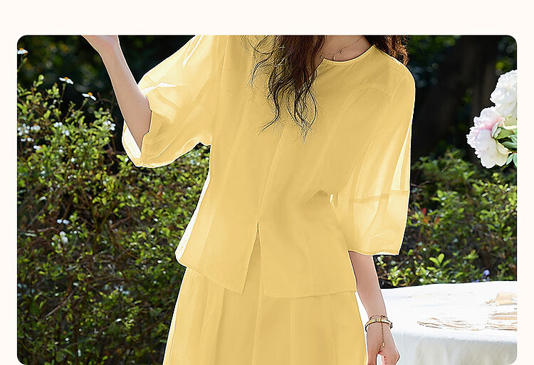 Demana Women's Artist Set Summer High-Quality Pure Cotton Puff Sleeve Top A-Line Slit Skirt Two-Piece Set 2