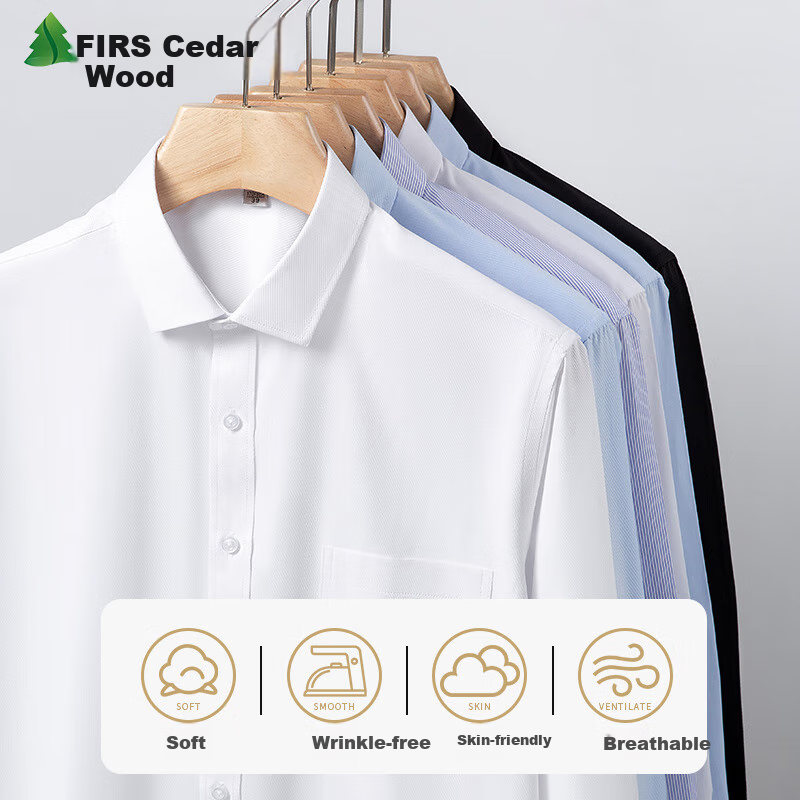 FIRS Long-Sleeve Shirt for Men, Business Formal Wear, Casual Solid Color Wrinkle-Free Dress Shirt for Men, Blue Baitiao 097 39
