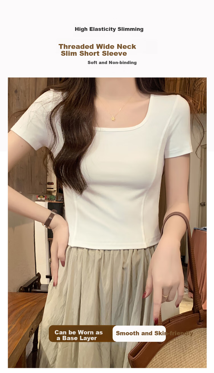 TUCANO Short-Sleeve T-Shirt for Women, Square Neck, Summer 2025, Crop Top Design, Niche Style, Regular Shoulder, Hot Girl Half Sleeve, White, 2XL 1
