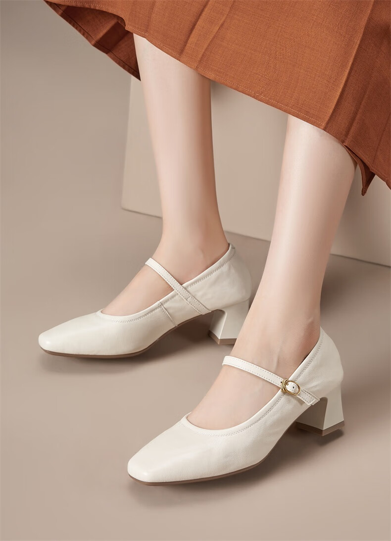 Eierkang Women's Retro Mary Jane Shoes Single Strap Chunky Heel Pumps Shallow High Heels 27561W Off-White Size 39 6