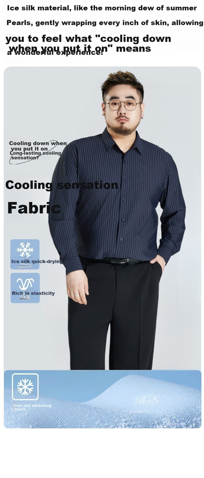 Ayoupang Summer Plus Size Pullover Striped Long-Sleeve Shirt, Loose Fit for Chubby Men, Ice Silk High-Elasticity Wrinkle-Resistant Non-Iron Shirt 1