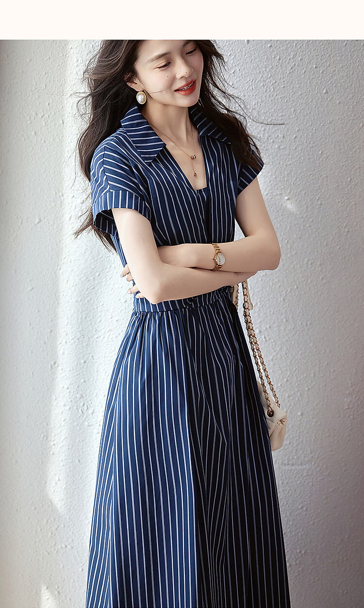 Dme [Perfect Workmate] Summer Cloud Cotton Lapel Twisted Waistband Side Hidden Slit Striped Vintage Women's Dress 8