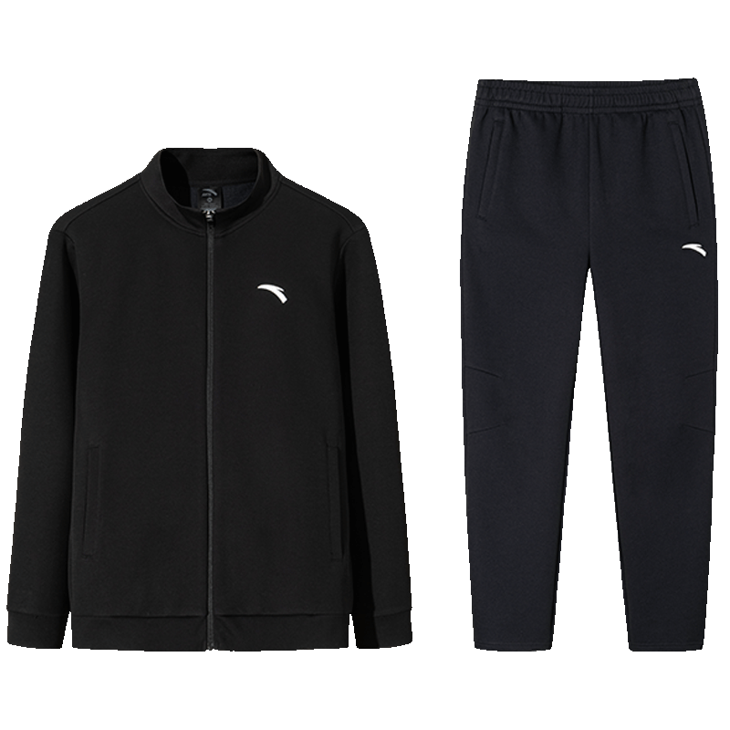 Anta Men's Fleece-Lined Sports Set Spring Windproof Stand Collar Zip-Up Jacket and Pants Sportswear Casual Pants