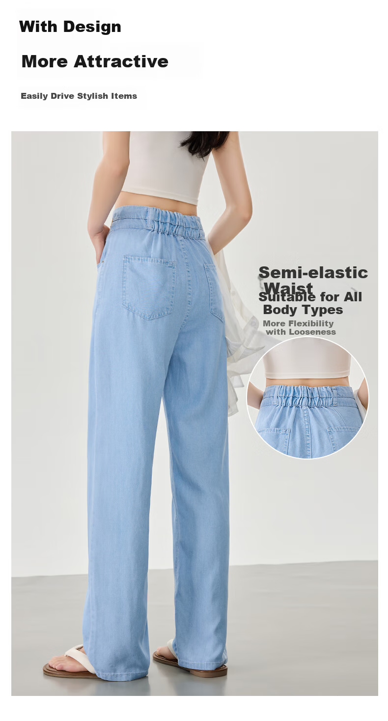 LangSha Tencel Straight-Leg Jeans for Women, Summer Lightweight High-Waist Double-Buckle Slimming Ice Silk Floor-Length Wide-Leg Pants 6