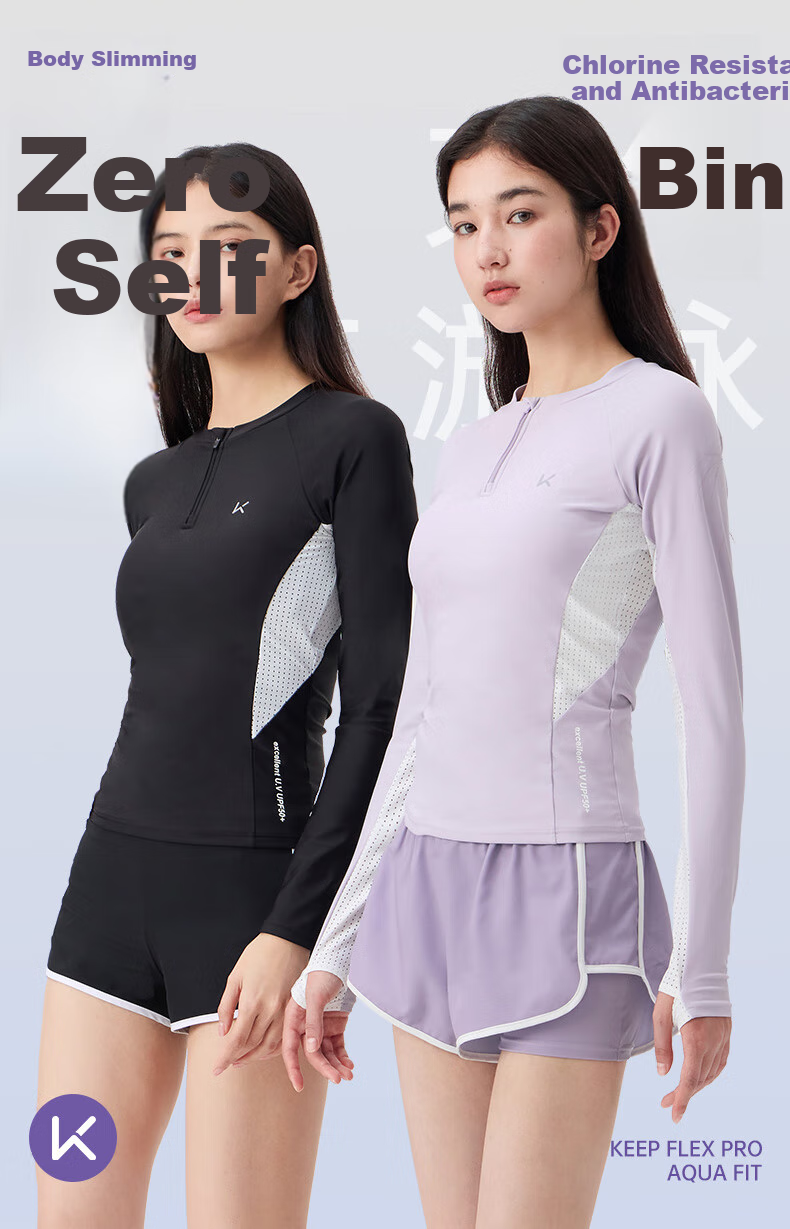 Keep Women's Two-Piece Long-Sleeve Swimsuit with Sun Protection for Curvy Girls, Plus Size Hot Spring Swimming Costume 987 Purple S 1