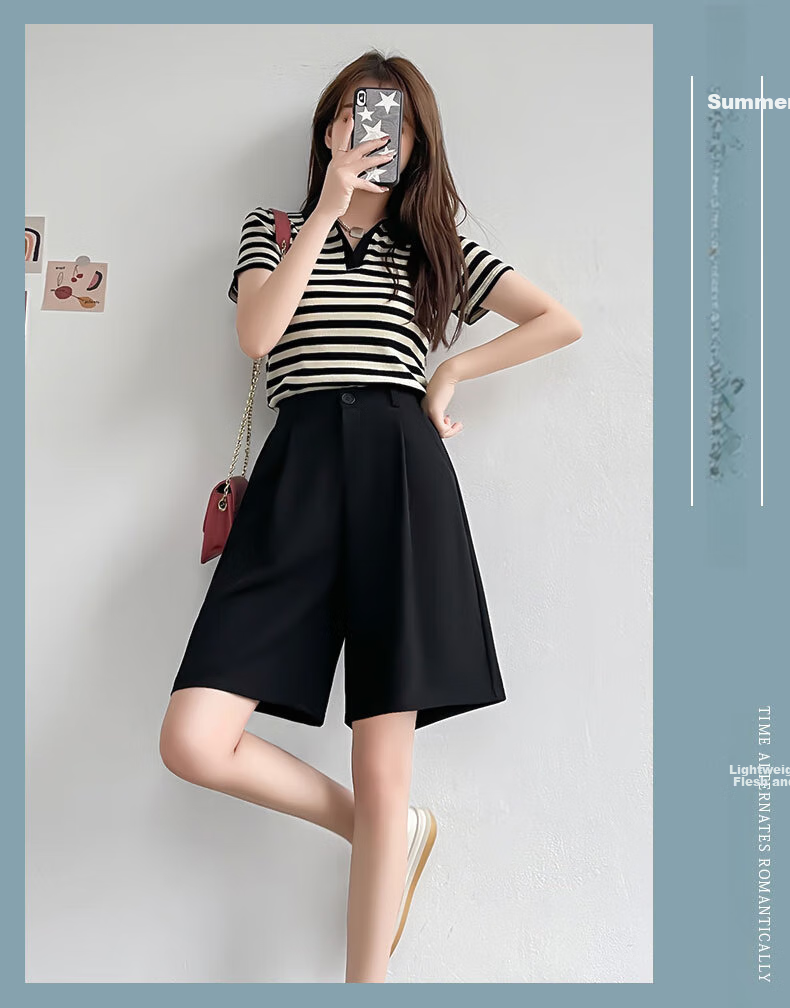 LangSha Women's Wide-Leg Straight Shorts, Summer Loose-Fitting High-Waisted Slimming A-Line Mid-Length Pants for Outdoor Wear 1