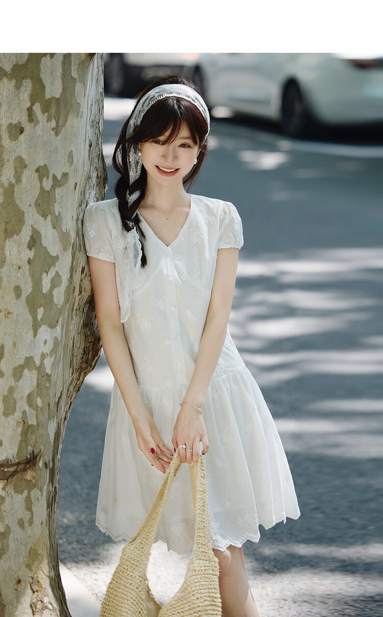 Mt [Pure Cotton Confession] Summer Sweet Fresh V-Neck Embroidered Elegant A-Line High-End Petite White Dress 4