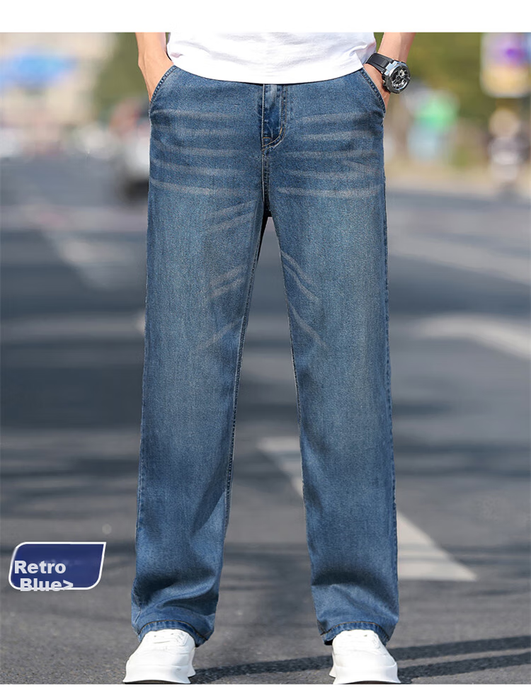 JEEP Men's Jeans, Summer Ice Silk Thin Loose Straight-Leg Pants, Trendy Casual Trousers for Men, Light Blue, Size 29 6