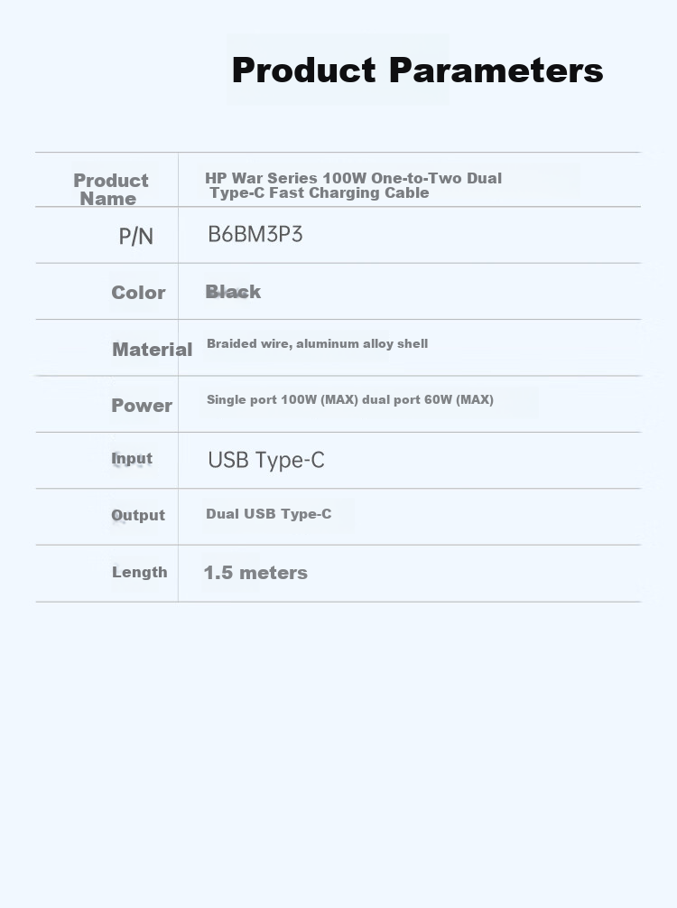 HP Two-In Dual-Head Type-C Charging Cable, PD100W Fast Charging Cable for Car, CarPlay Data Cable with E-Marker Chip, Suitable for Computers, Tablets And Phones, 1.5 Meters 7