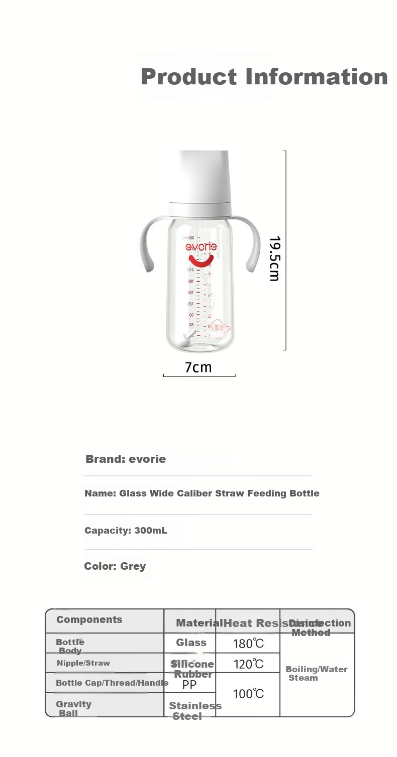 Evorie Glass Baby Bottle, Wide Neck Bottle, Infant Bottle 160ml (0-3 Months+) 9