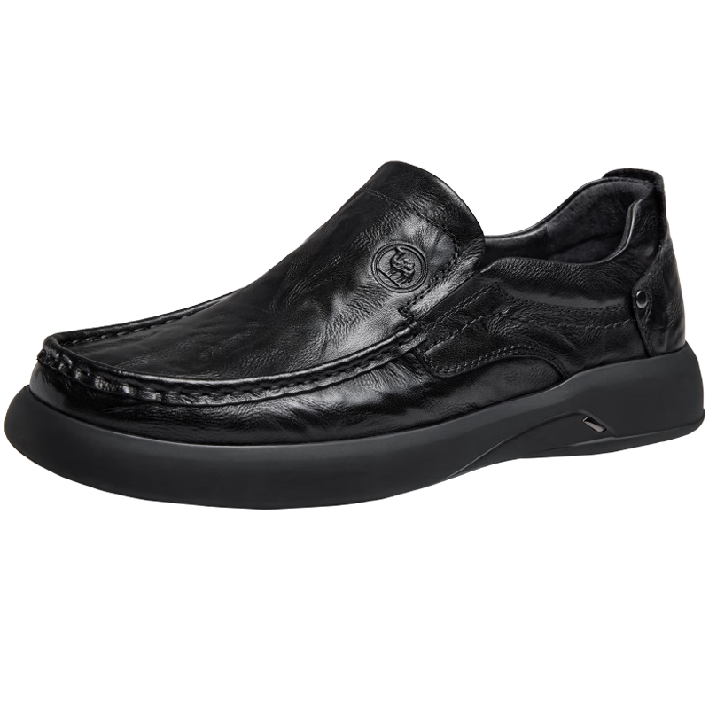 CAMEL Brand Men's Leather Shoes, Soft-Soled Business Cowhide Slip-On Dad Shoes, P15A155004, Black, Size 41