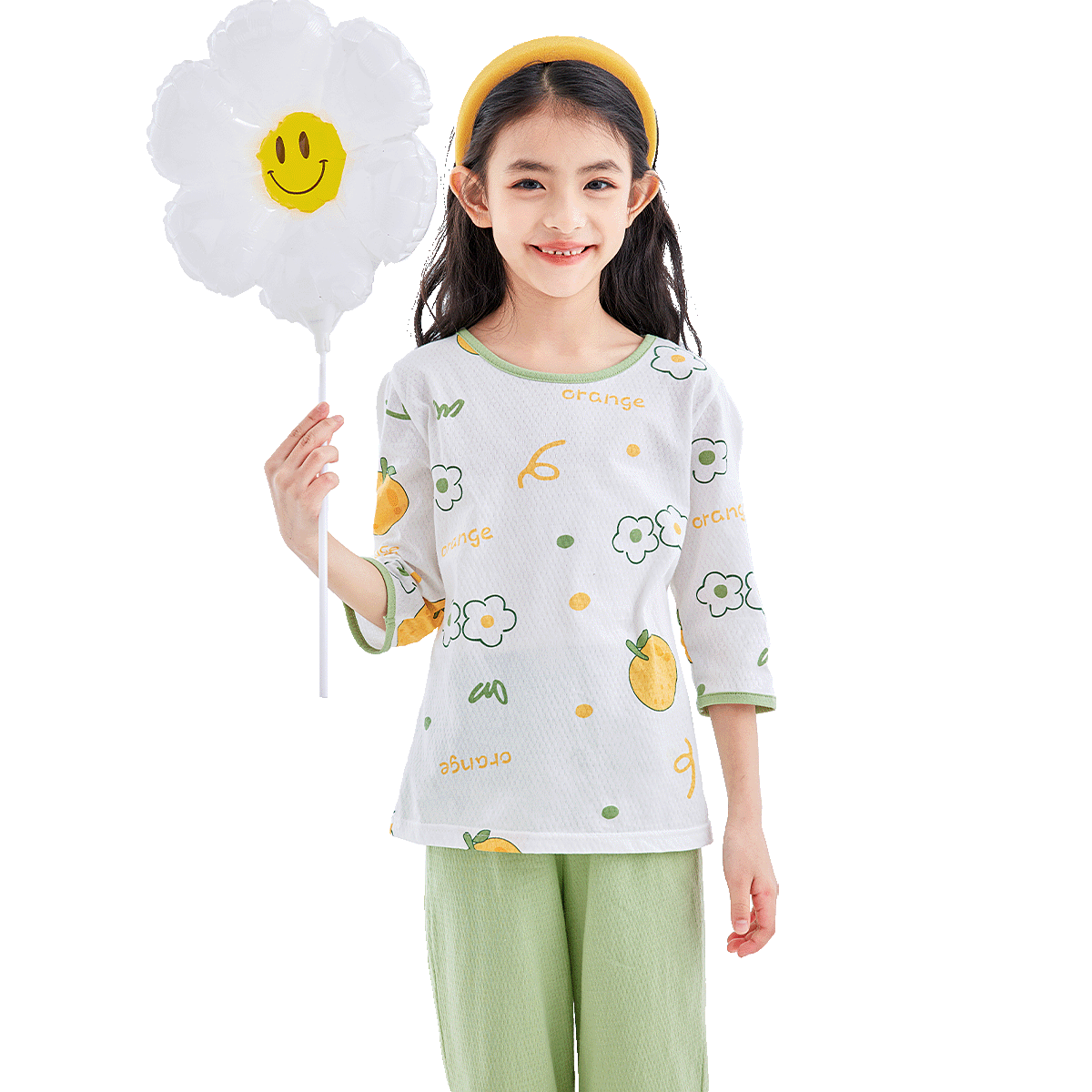 DEESHA [7A Antibacterial Cotton Mesh Jacquard] Girls' Lightweight Three-Quarter Sleeve Pajama Set, Skin-Friendly Air Conditioning Wear