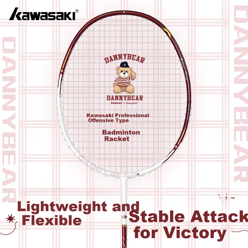 KAWASAKI Badminton Racket, Full Carbon Single Racket, 5U Ultra-Light, Danny Bear Co-Branded Edition, Vintage Red (Pre-Strung)