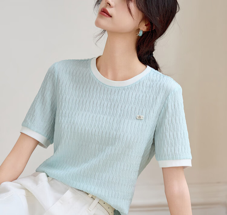 Sentubila Round Neck Short Sleeve Regular Shoulder T-Shirt for Women, Summer Contrasting Color Spliced Knit Top, Elegant Versatile High-End Blouse 12