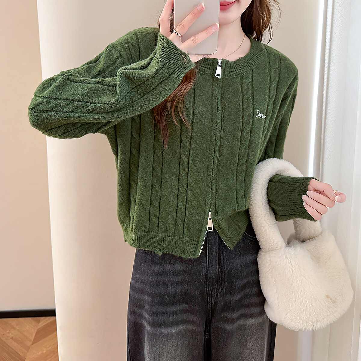TonLion 2025 Autumn Winter Women's Cable Knit Zipper Round Neck Cardigan
