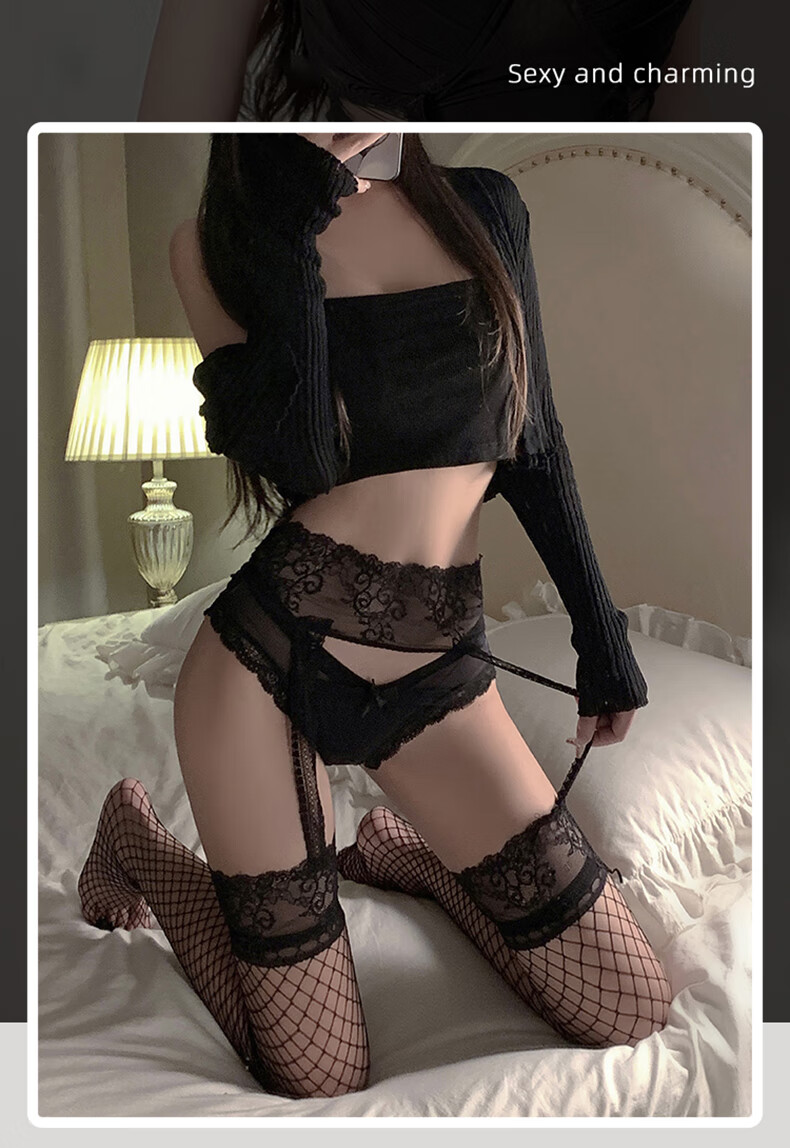 Langsha Women's Thin Suspender Fishnet Stockings Long Lace Over-the-Knee Open Crotch Black Silk Erotic Battle Dress Goddess Festival Gift 1