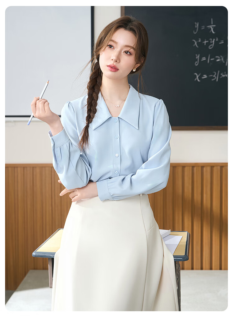 Bodexiaojie Blue V-Neck Commuter Blouse for Women, Wrinkle-Resistant Professional Formal Wear Chiffon Shirt for Interviews 3