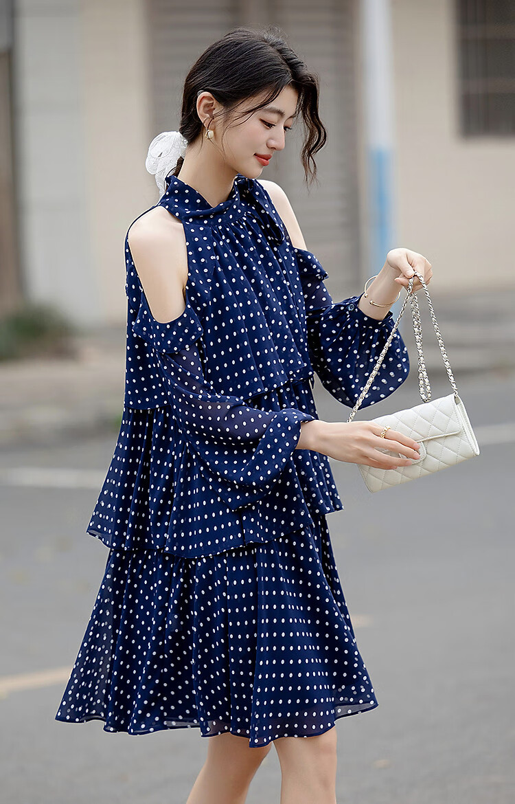 Dme [Lightweight Dots] Summer Girls' Style Vacation Tie-Waist Cake Skirt, Off-Shoulder Floral Elegant Women's Dress 7