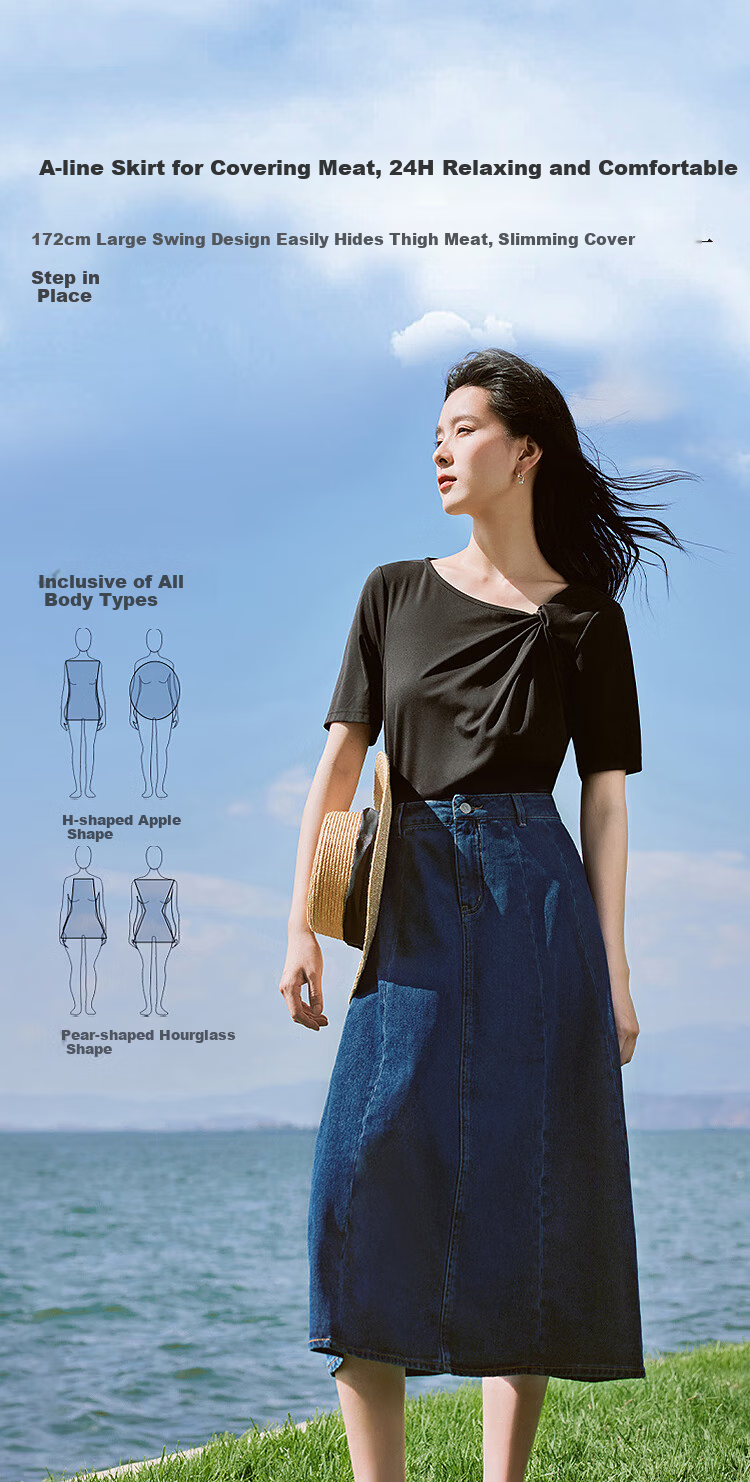 Inman French Style Denim Half Skirt for Women Summer Retro Mid-High Waist Premium A-Line Skirt Light Denim L 2
