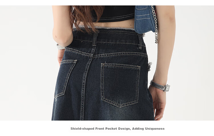 JEANSWEST Denim Skirt for Women, 2024 Autumn Vintage Style, Petite French A-Line Slimming Design, Dark Blue, Size S 9