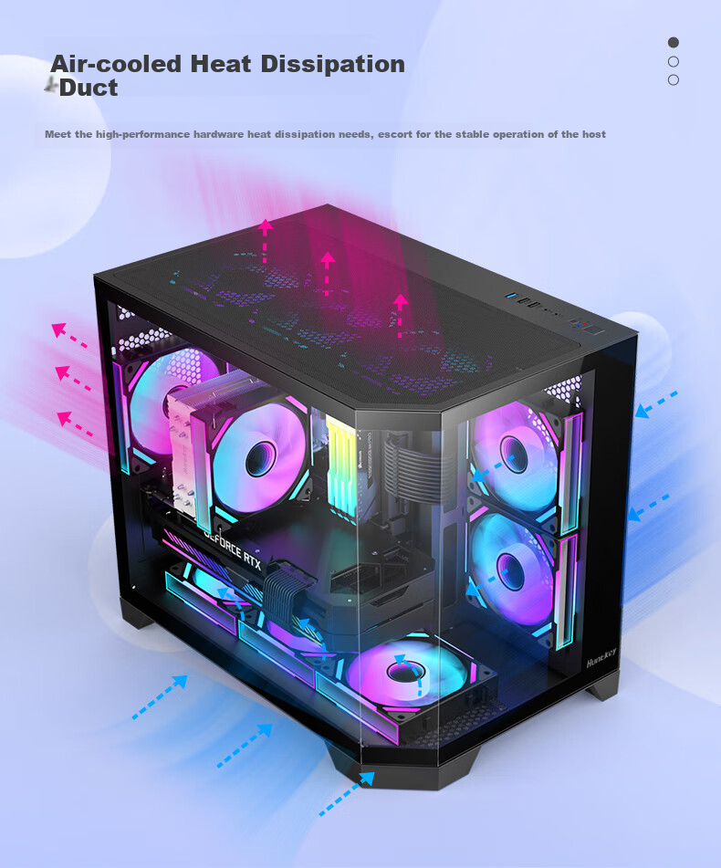 Huntkey S960 Storm X Ice Blade Edition Black Panoramic View Seaside Case (Three-Sided Tempered Glass Panel/Left And Right Zones/360mm Water Cooling/9 Fan Positions/MATX Motherboard) 7