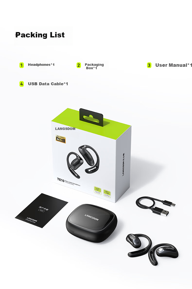 Lanshidun Bluetooth Headphones, Ear-Hook Style, Bone Conduction Concept, Open-Ear Design, Not In-Ear, ENC Calling, Noise Reduction, for Sports, Running, Cycling, Gaming, Music Headphones, TE10 Black 12
