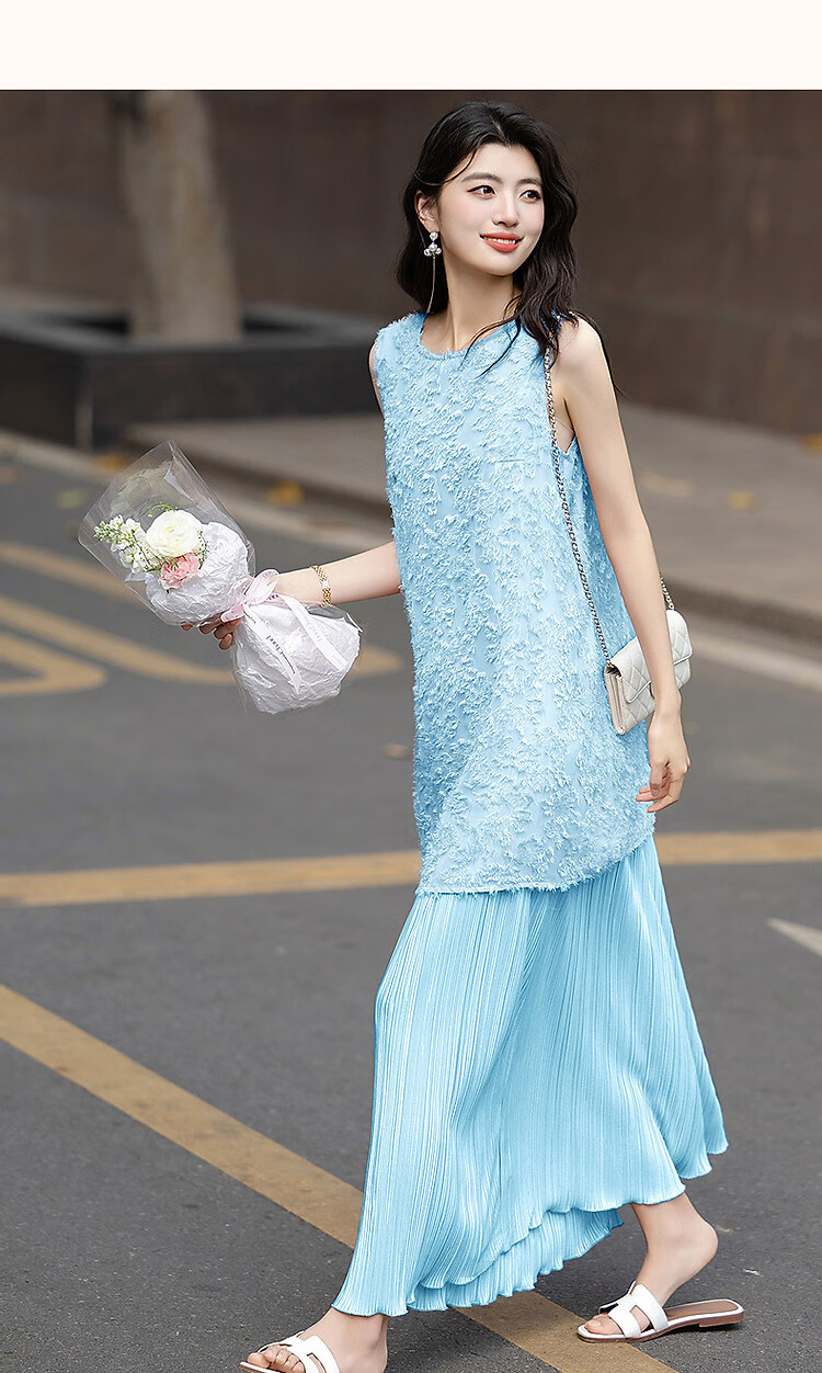 Dme [Design-Inspired Fake Two-Piece] Summer Lightweight Casual Three-Dimensional Pleated Straight-Line Waistless Dress for Wome 8