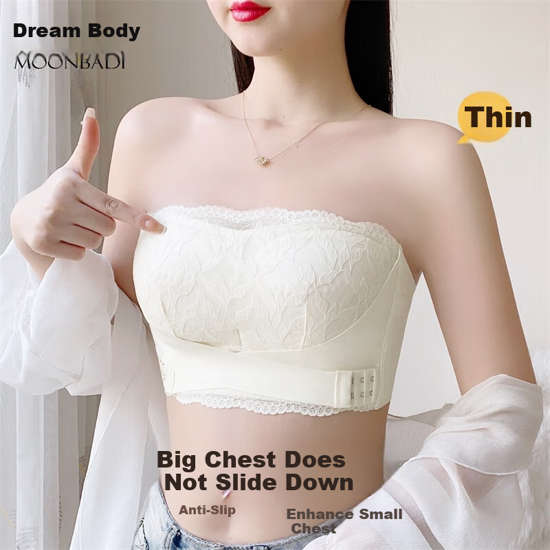 Moonbadi Women's Bra, Minimizing for Large Breasts, Strapless Bandeau, Non-Slip, Wireless, Lace, Push-Up, Side Support Bra