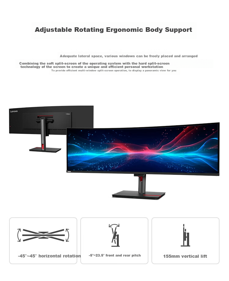 Lenovo ThinkVision 49-Inch 5K Curved Screen IPS Technology, 3800R Curved, Built-In Speakers, Rotating And Height-Adjustable Stand, Ultrawide Office Design Monitor P49w-30 8