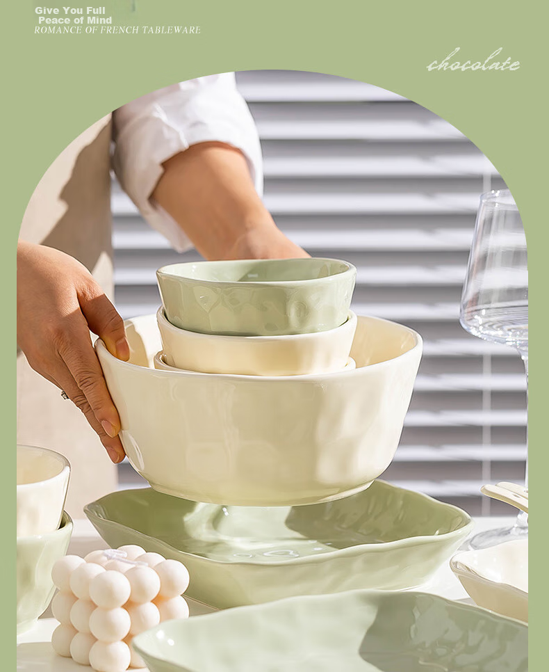 KANGMO New Home Cream Style Ceramic Dinnerware Set, Moving Gift, 26-Piece Yellow And Green Tableware Set 6