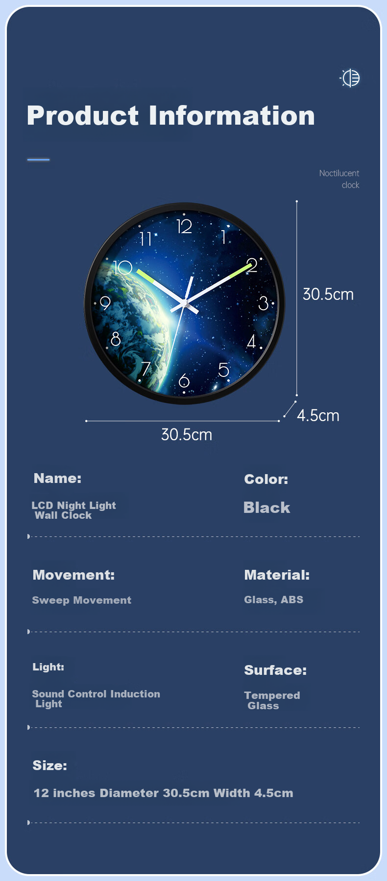 BBA Wall Clock, Creative Night Light, Living Room Wall-Mounted, Home Use Luminous Wall Clock, Bedroom Timepiece, Moon - Ambient Light, 30cm 14