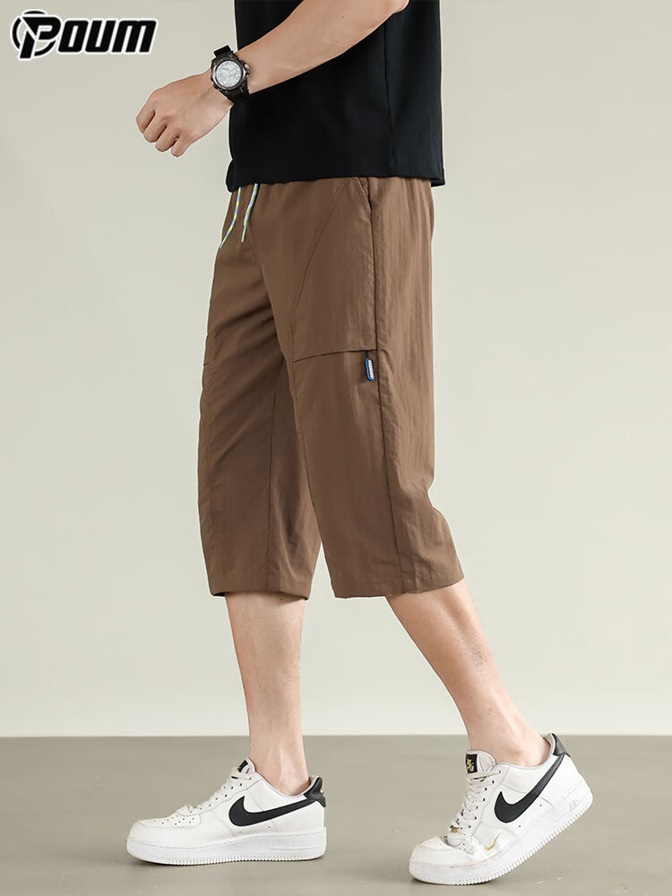 POUM Ice Silk Trendy Brand Three-Quarter Length Pants for Men, Summer Style, Casual American-Style Sports Quick-Dry Shorts, 0003 Coffee Color, 2XL 2