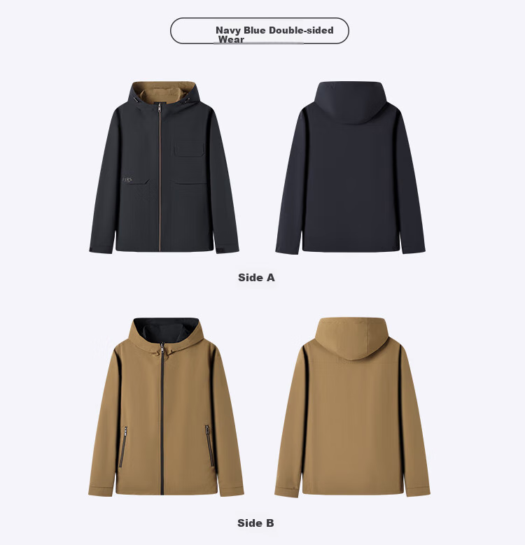 FIRS Double-Sided Hooded Jacket for Men, Spring And Autumn Zipper Windproof Rain-Resistant Adjustable Outdoor Commuter Coat 23
