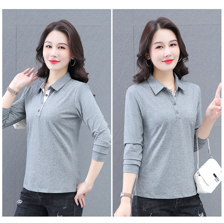 Woodpecker Women's Long Sleeve Cotton Polo Shirt, Spring Autumn New, Middle-aged Plus Size Casual Top, Gray, L 15