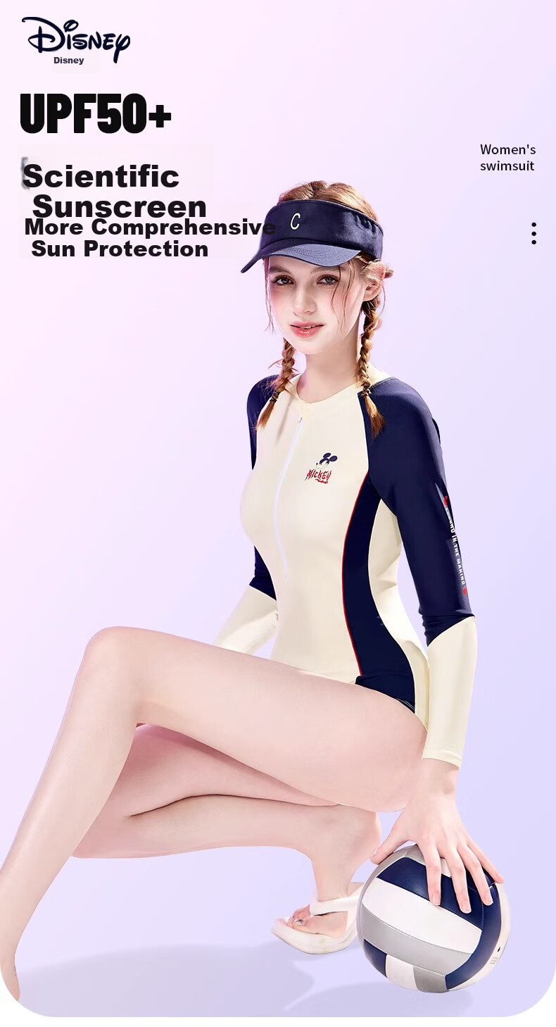Disney Women's One-Piece Swimsuit, Slimming Long-Sleeve, for Swimming Pool And Hot Springs, Professional Swimwear D15184 Beige M 1