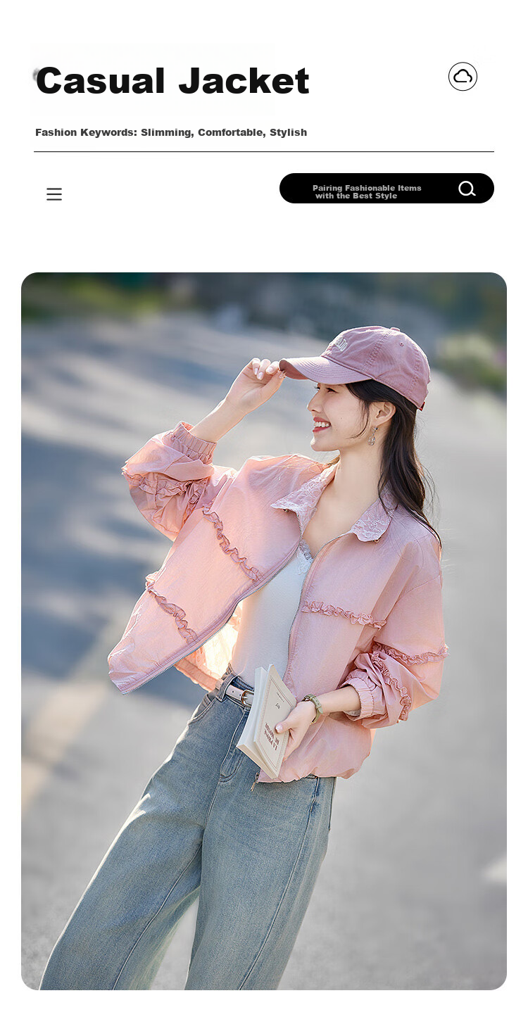 Shangjing Sweet Lace Trim Jacket, 2026 Summer New Lightweight Lace Patchwork Loose Sun Protection Coat for Women, Pink, S 1