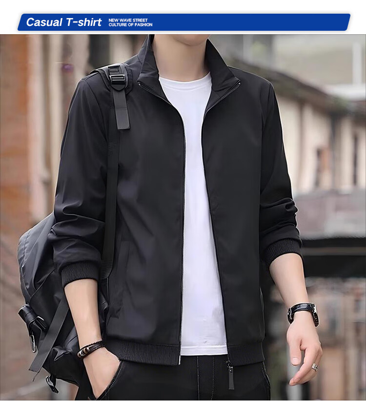 GLM Men's Spring Autumn Stand Collar Jacket Casual Loose Trendy Black M 1