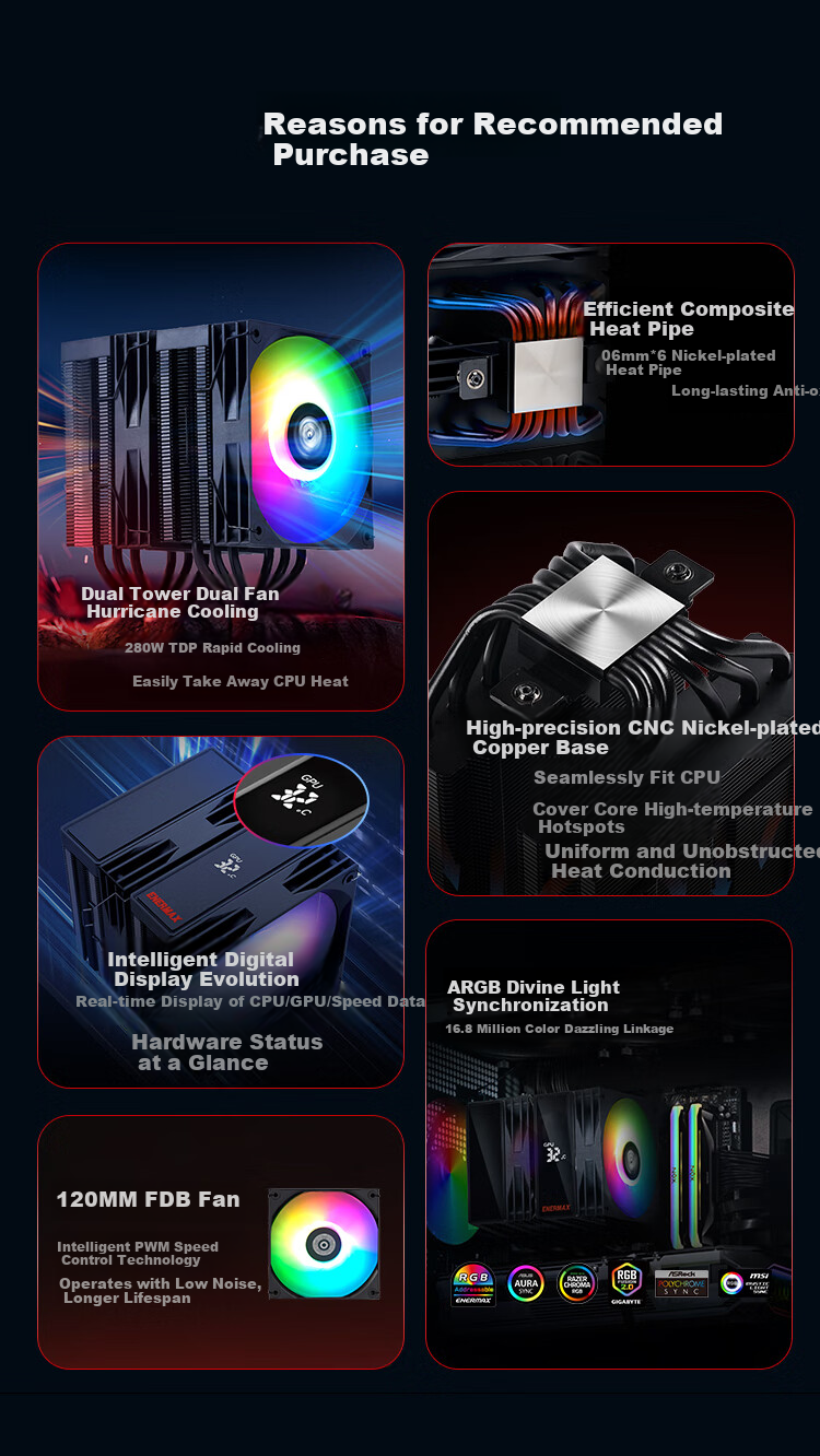 Enermax TD60D Air Cooler, Smart Digital Display, Composite Heat Pipes, Nickel-Plated Copper Base, PWM Fan, 280W TDP 2