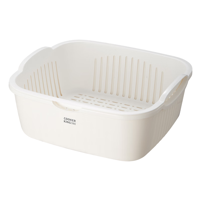 COOKER KING Draining Basket, Vegetable Washing Basin, Kitchen Household Double-Layer Thickened Rice Washing Fruit Basin, Large Size, Hanbai