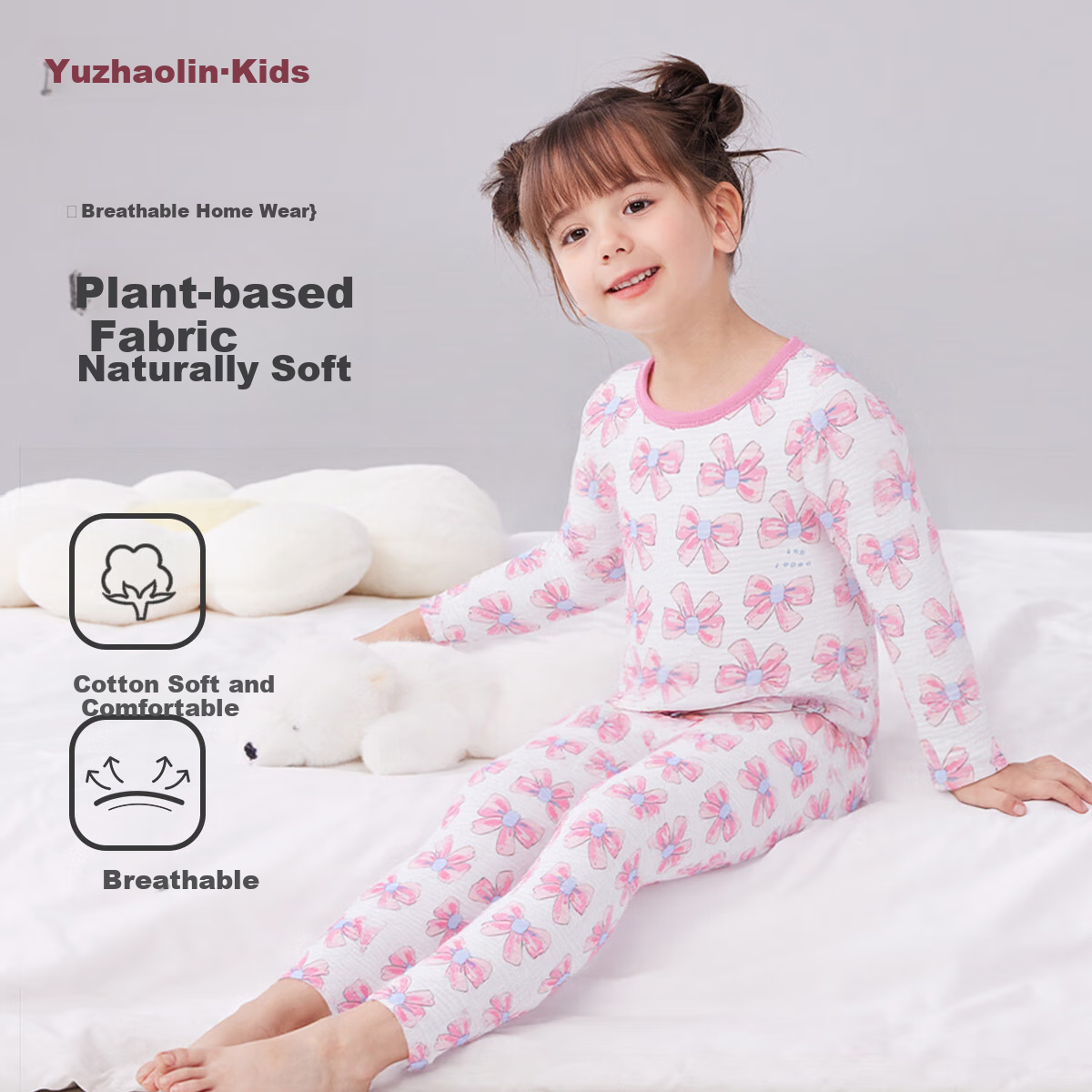 YUZHAOLIN Children's Pajamas Spring Girls' Home Wear Set for Older Kids Air Conditioning Clothes Colorful Bow Tie