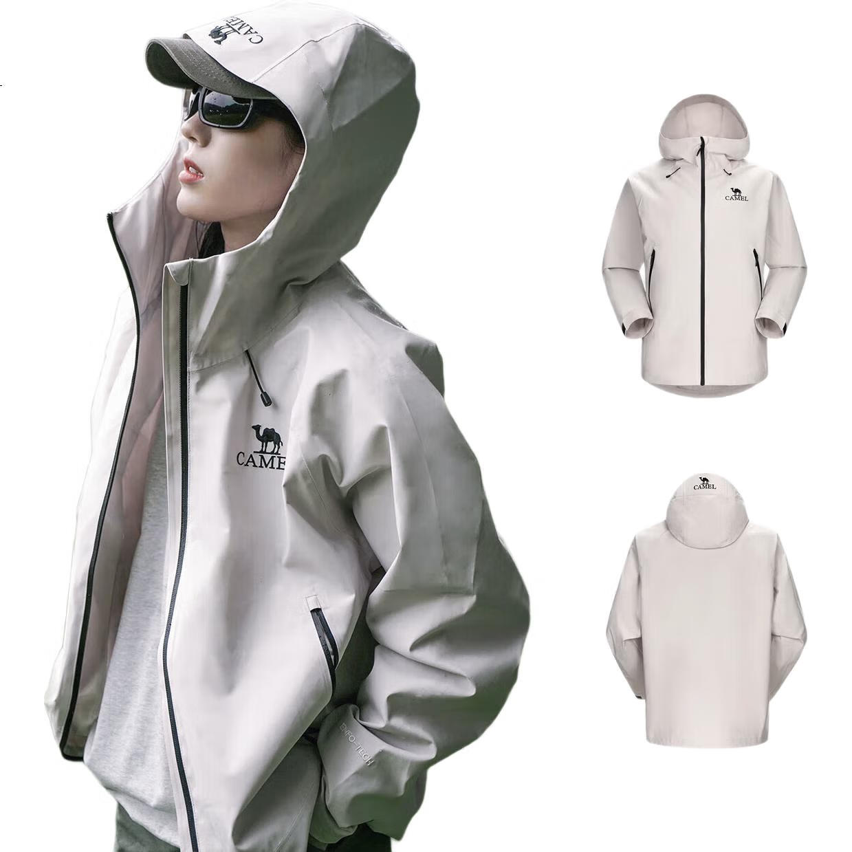 CAMEL Outdoor Single-Layer Waterproof Jacket Unisex Triple Protection Mountaineering Suit 6B001 Flowing White, Unisex Style XXL