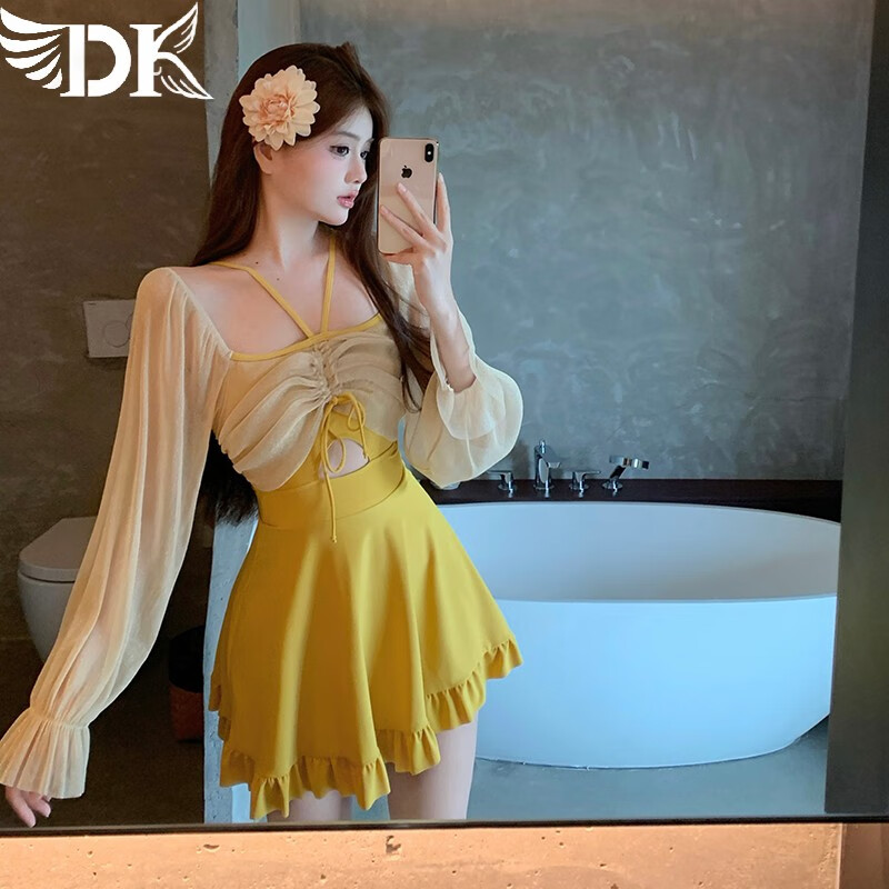 DK One-Piece Swimsuit Dress for Women, Conservative Style, New Hot Spring Design, Push-Up for Small Chest, Slimming Effect, Vacation Beach Wear, Elegant Look