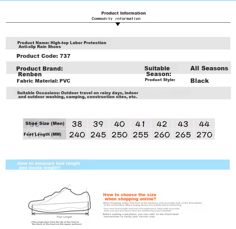 RENBEN Men's Classic Waterproof Shoes, Outdoor Wear-Resistant Rubber Shoes, Non-Slip Rain Boots, Overshoes, 898 Tall Boots, Size 41 2
