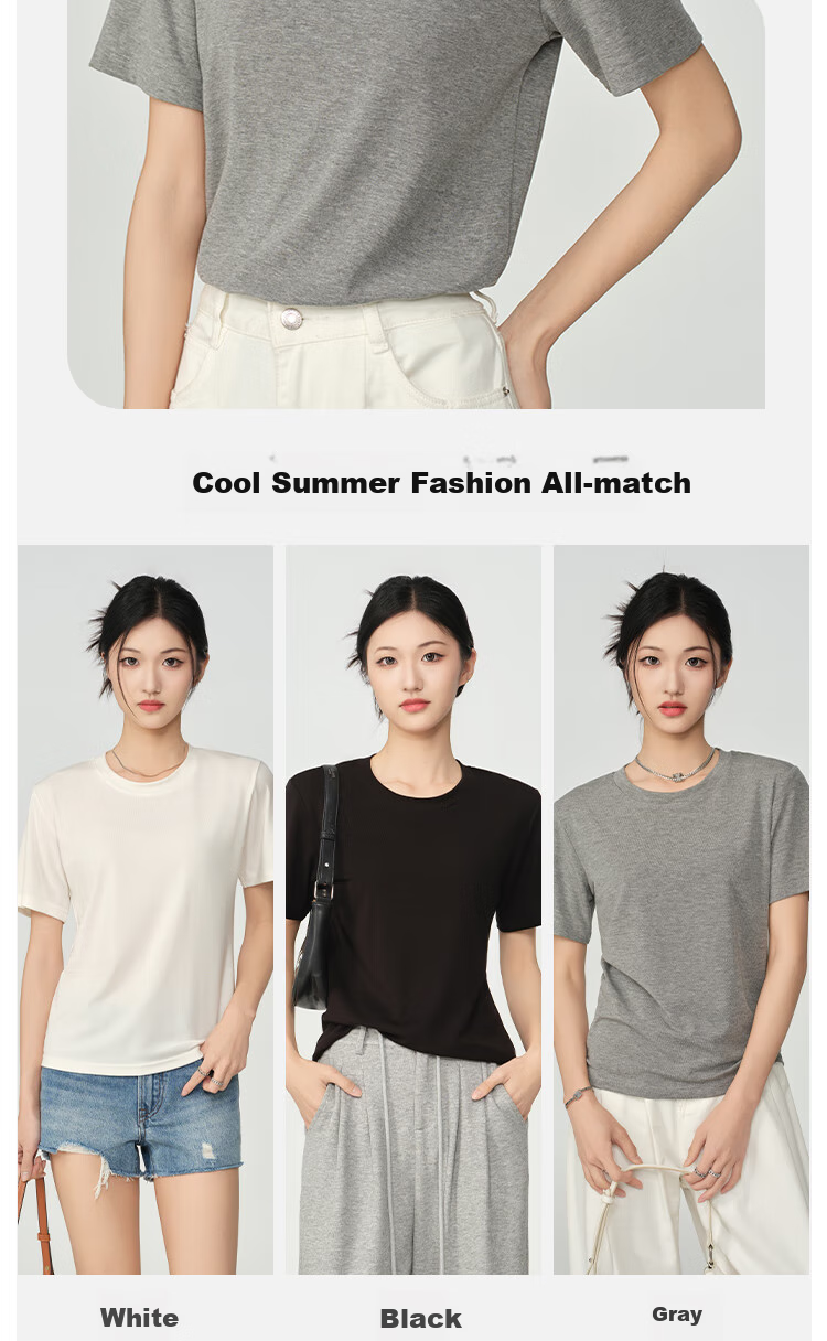 BOPRUIEY [Quality You Can Trust] Lyocell Short-Sleeve T-Shirt for Women, Summer Ice Silk Wrinkle-Resistant Solid Color Slimming Round Neck Top 8