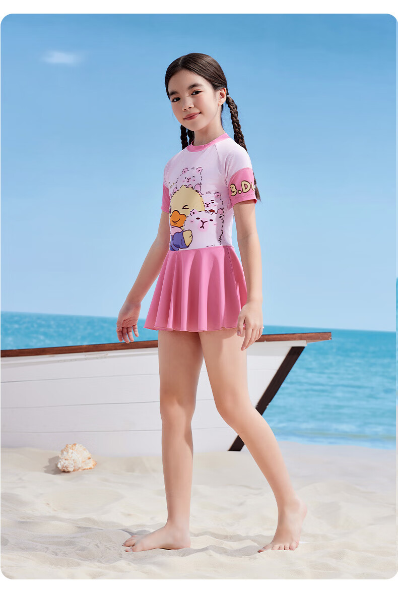 B.Duck Children's Swimsuit, Girls' Printed Short-Sleeve One-Piece Swimwear, for Young And Older Children, Camellia Pink, Size 130 4