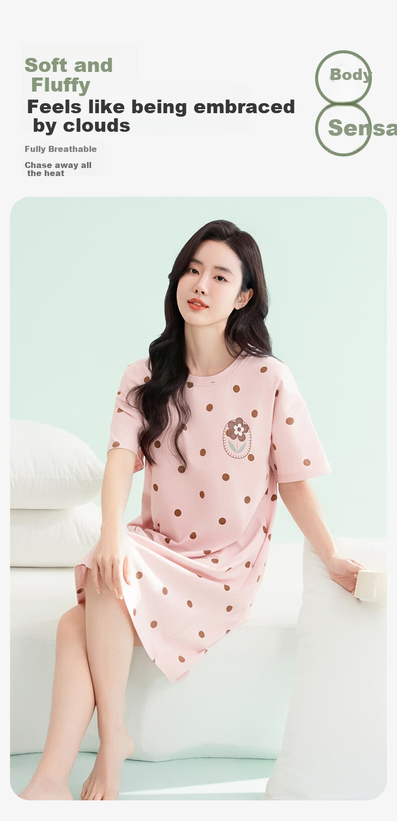 FENTENGCARE Women's Nightgown with Built-In Bra Pads, Round Neck Short Sleeve Short Skirt Polka Dot Breathable Dress Loungewear Gift for Girls 7