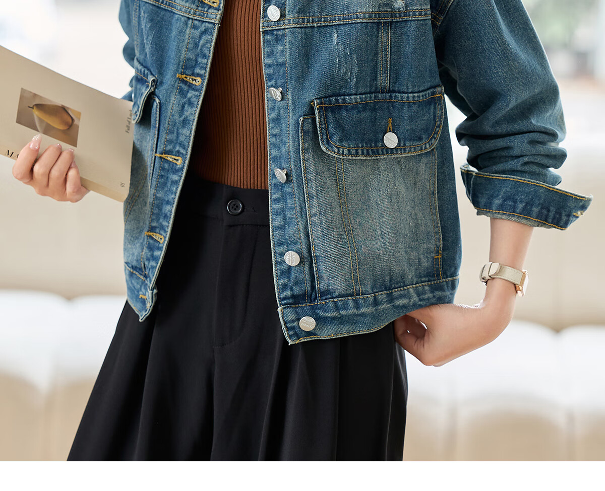 Pincai Women's Denim Jacket Trendy Retro Double Pocket Design Casual Versatile Top P53D006 38